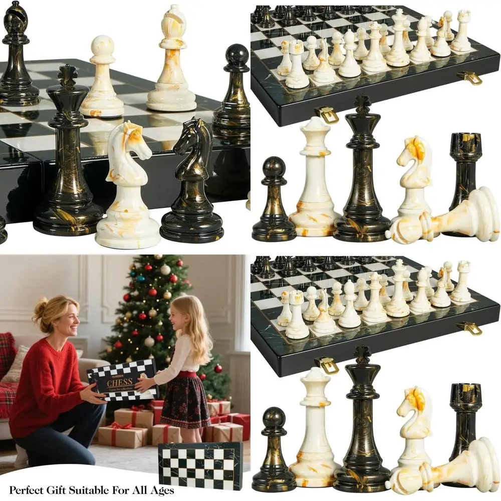 

Portable 15 Chess Set for Adults with 2 Extra Queens, 3.5 King on Leather Base, Folding Marble Chessboard - Ideal Travel & Famil