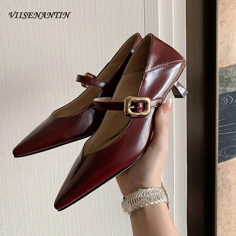 

Wine Red Pointed Toe Kitten Heel Women Pumps Genuine Leather Shallow Mouth Buckle Strappy Females Retro Dress Work Single Shoes