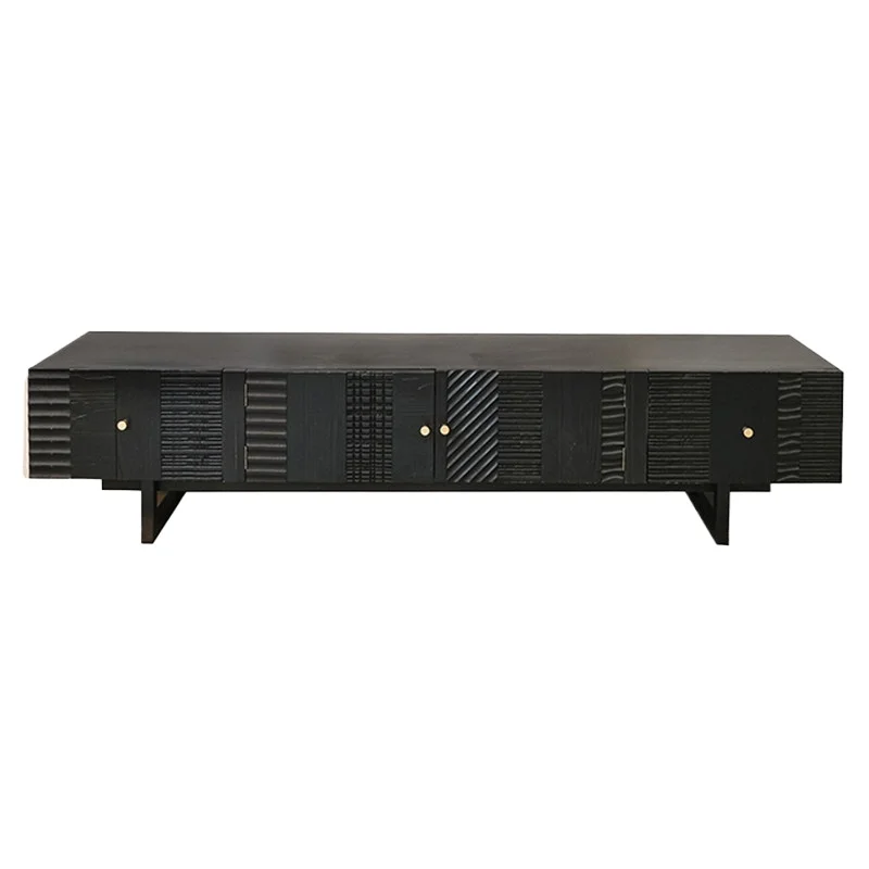 Nordic Solid Wood Retro TV Cabinet Living Room Carved Floor Cabinet Simple European Light Luxury Black Square