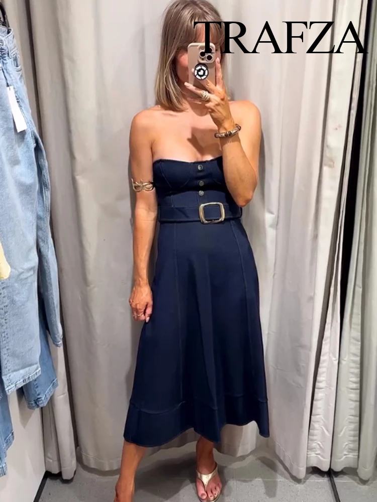 

TRAFZA 2025 Woman Summer Backless Sexy Midi Sleeveless Dress Female Solid Single-Breasted Belt Decoration Holiday Style Dress
