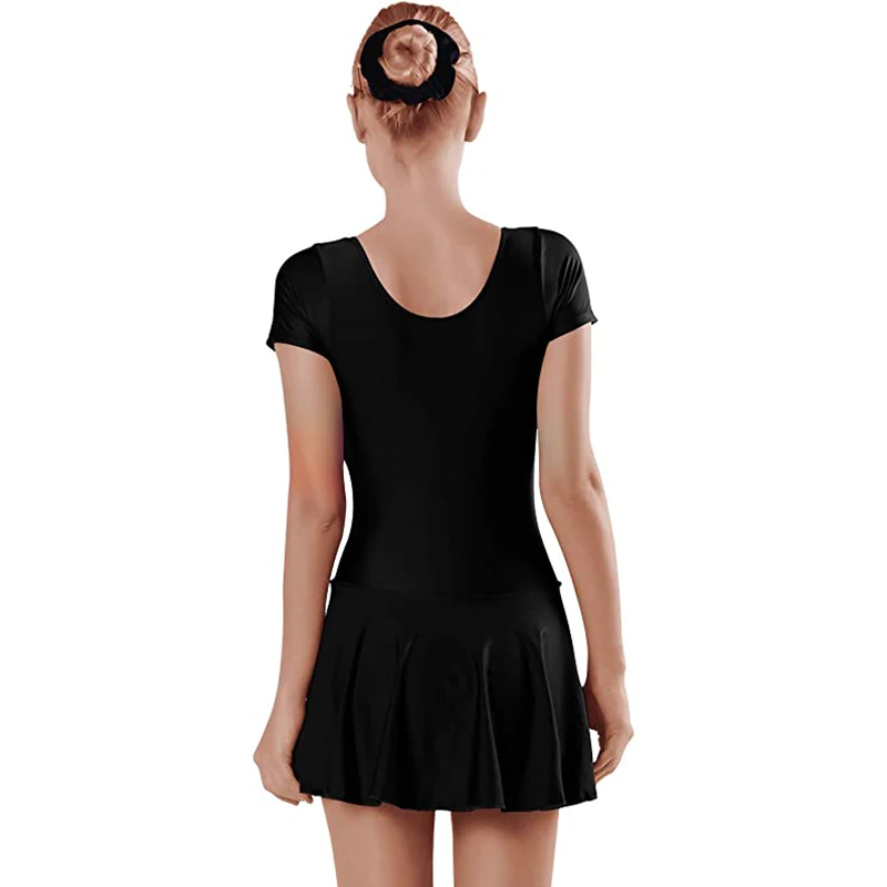 Adulto feminino estiramento colher pescoço dança bodysuit ballet collant com saias de manga curta ginástica uma peça dancewear mais tamanho