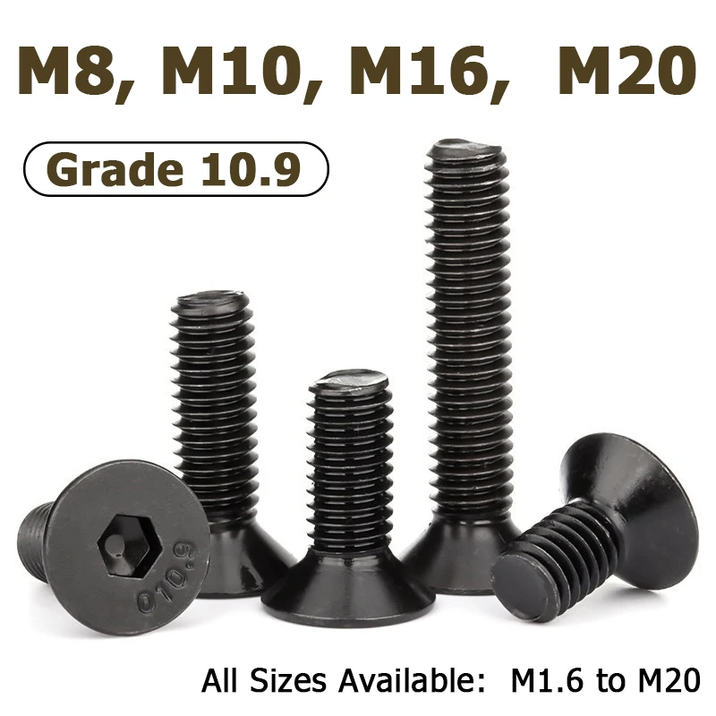 1-5Pcs Grade 10.9 Steel Hexagon Hex Socket Countersunk Flat Head Screw M8 M10 M12 M16 M20 Black Allen Furniture Bolts L=10-100mm