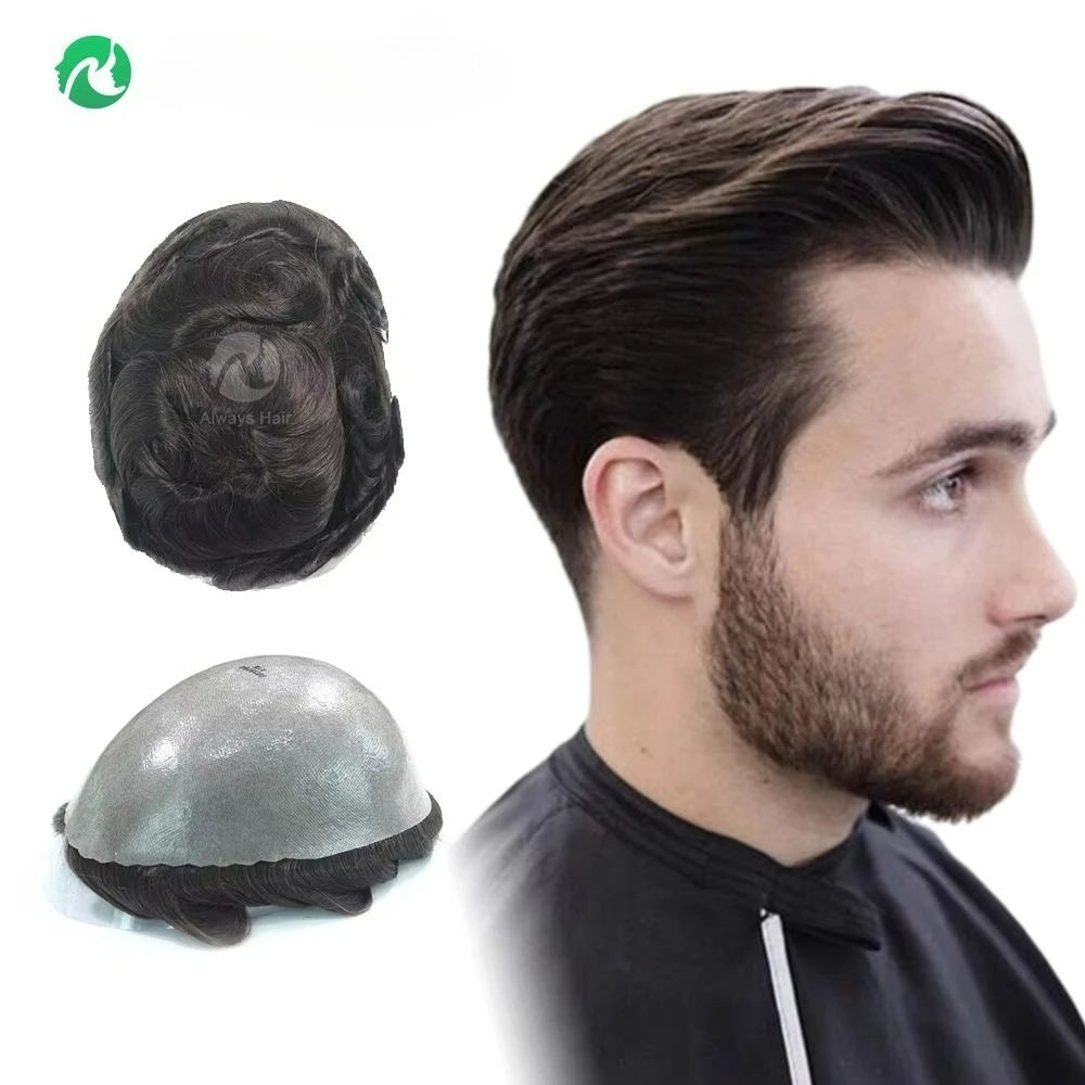 Men Toupee 0.12-0.14mm Skin PU Base Indian Human Hair Natural Wave 130% Density Hair Replacement System for Hair Loss