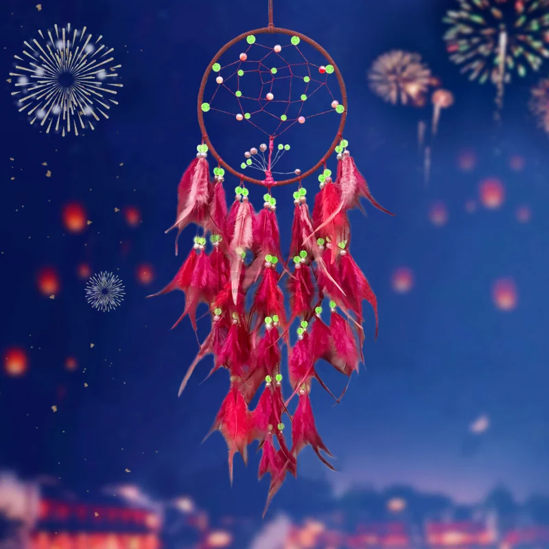

Glow in The Dark Rose Dreamcatcher, Handmade Feather Wind Chime, Fluorescent Wall Hanging Decor, Unique Room Ornament