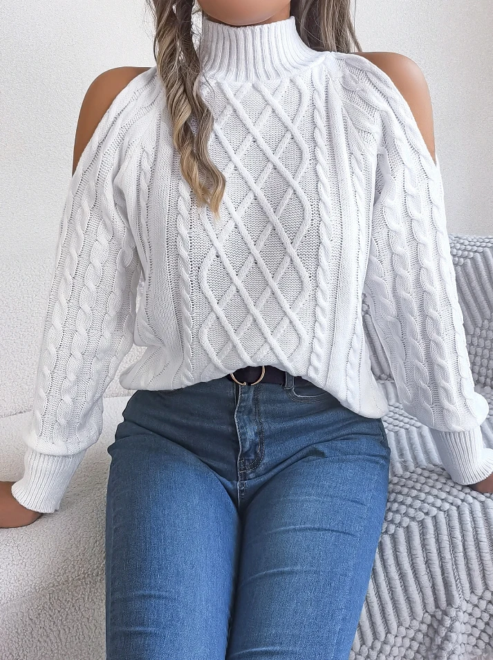 

Fashion Autumn New Style Sweater Casual Fried Dough Twists Off Shoulder Half High Neck Long Sleeve Pullover Sweater