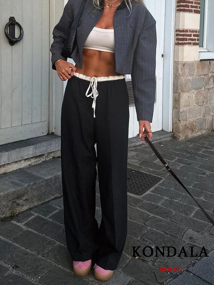 TRAFZA Streetwear Patckwork Black Women Pants High Waist Elastic Wide Leg Long Pants Fashion 2024 Summer Bow Tie Trousers