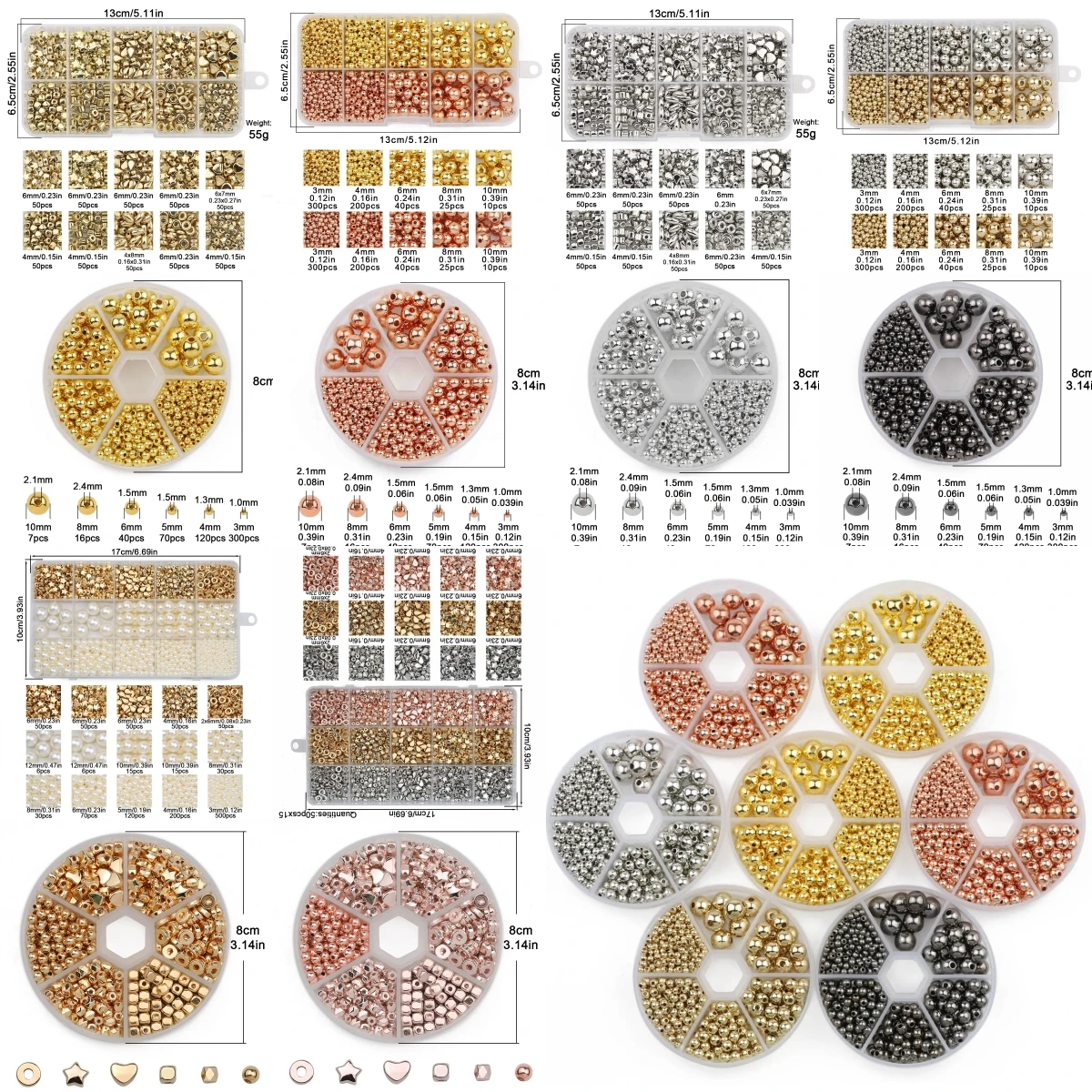 Kit de perles CCB en boîte, doré, argenté, étoile, cœur, perles rondes adt pour bijoux de bricolage, bracelet de direction, collier, fournitures d'artisanat faites à la main