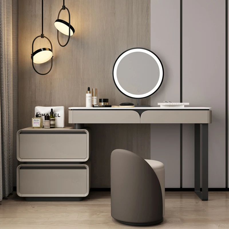 

Aesthetic Integrated Vanity Table Storage Mirror Set Design Stool Makeup Dressers Bedroom Tocador Maquillaje Room Furniture