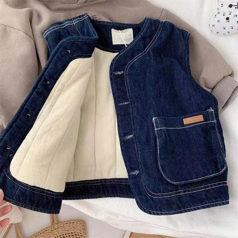 Children's Cowboy Vest Jacket Winter Fleece Thick Warm Sleeveless Coat for Boys and Girls Loose Waistcoat Kids Baby Clothes