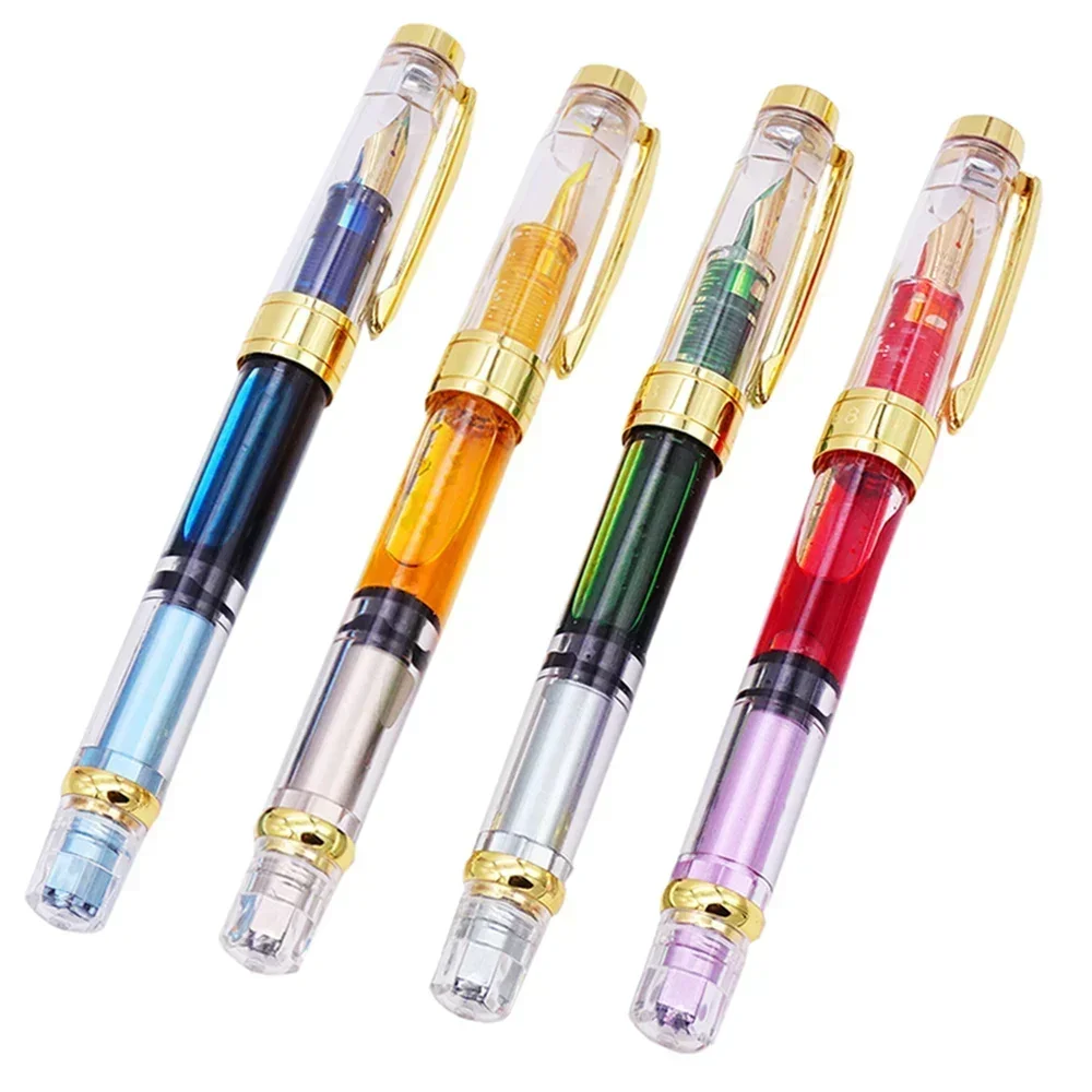 Hot 4PCS Upgraded Yongsheng 3008 Piston Fountain Pen Transparent EF/F Nib 0.38/0.5mm Golden Silver Trim Office Business Set