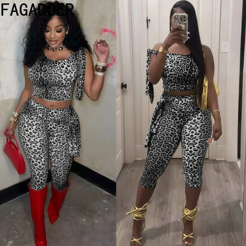 

FAGADOER Sexy Leopard Print 2 Piece Sets Woman Outfit Inclined Shoulder Tank Tops+Shorts Matching Female Streetwear Clothing New