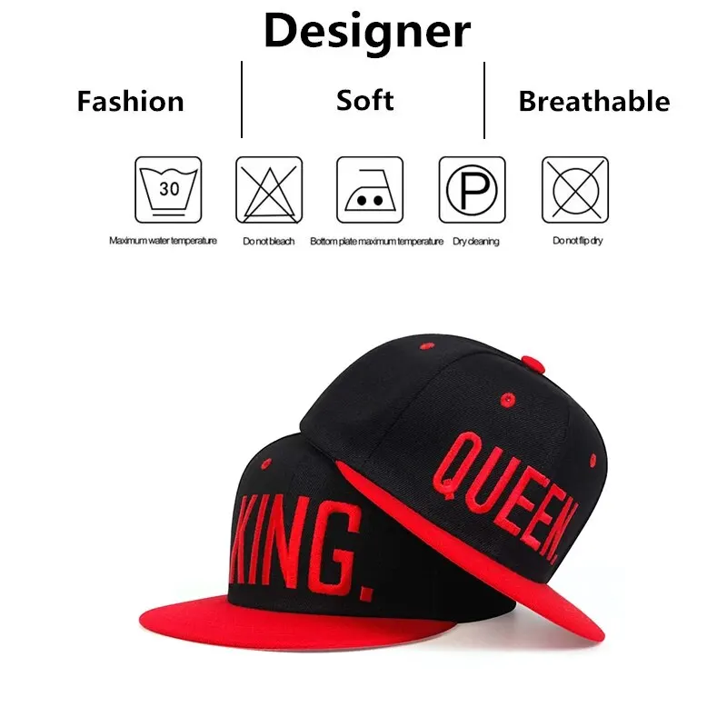 2PCS Unisex King Queen Embroidery Hip-Hop Hats Outdoor Adjustable Casual Baseball Caps Sunscreen Hat