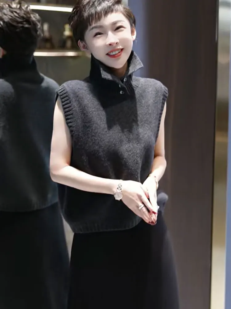 

Elegant Unique Knitted Half Open Neck Stand Collar Vest Women's Sleeveless Shoulder Padless Tank Top Commute Style Pure Color