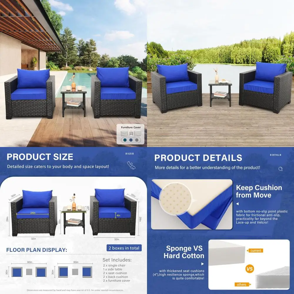 

Набор плетеной мебели для патио из 3 предметов со стульями для бесед и стеклянным столиком для использования на открытом воздухе на балконе