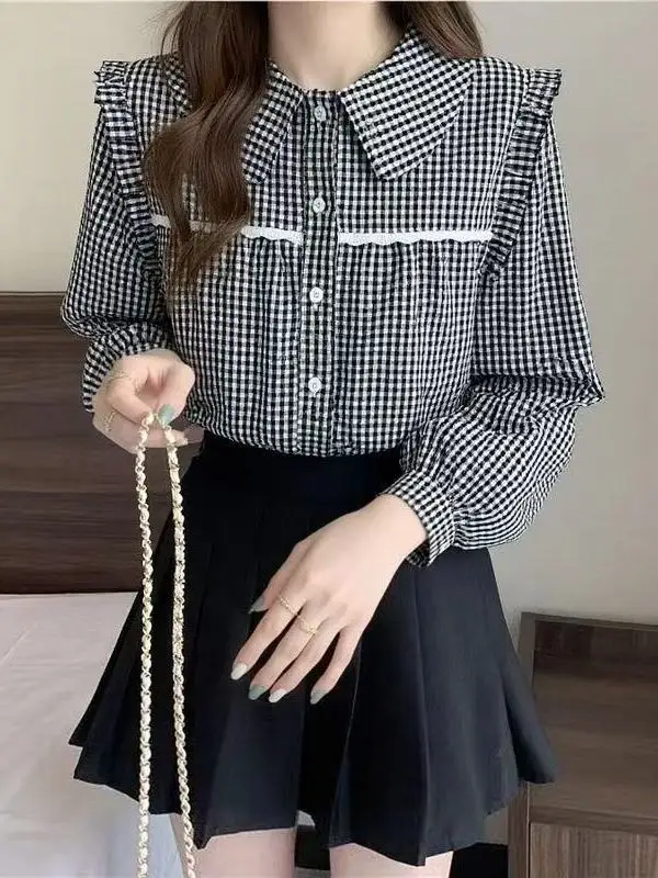 

French Sle Plaid Long Sve Loose Women's irt Spring Autumn New Korean Version Student Doll Collar Top Outerwear