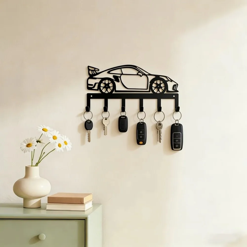 Black Minimal Metal Car Key Holder Sturdy 6 Hooks Industrial Style Wall Mount Key Rack Pre-Drilled Holes Vintage Classic