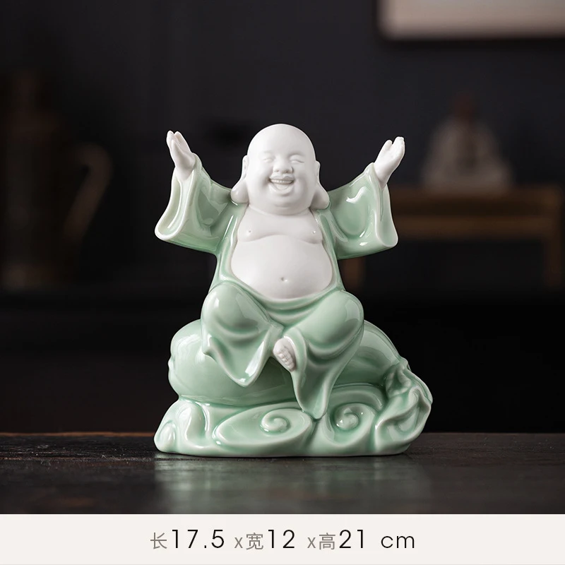 Ceramic Cloth Bag With The In Celadon, A Fortune-Bringing Large-Bellied Laughing Buddha For Office Desktop, Disp
