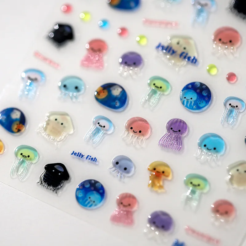 Cute Cartoon Jellyfish Jelly Design 5D Soft Embossed Reliefs Self Adhesive Nail Art Sticker Stars Love Heart 3D Manicure Decals