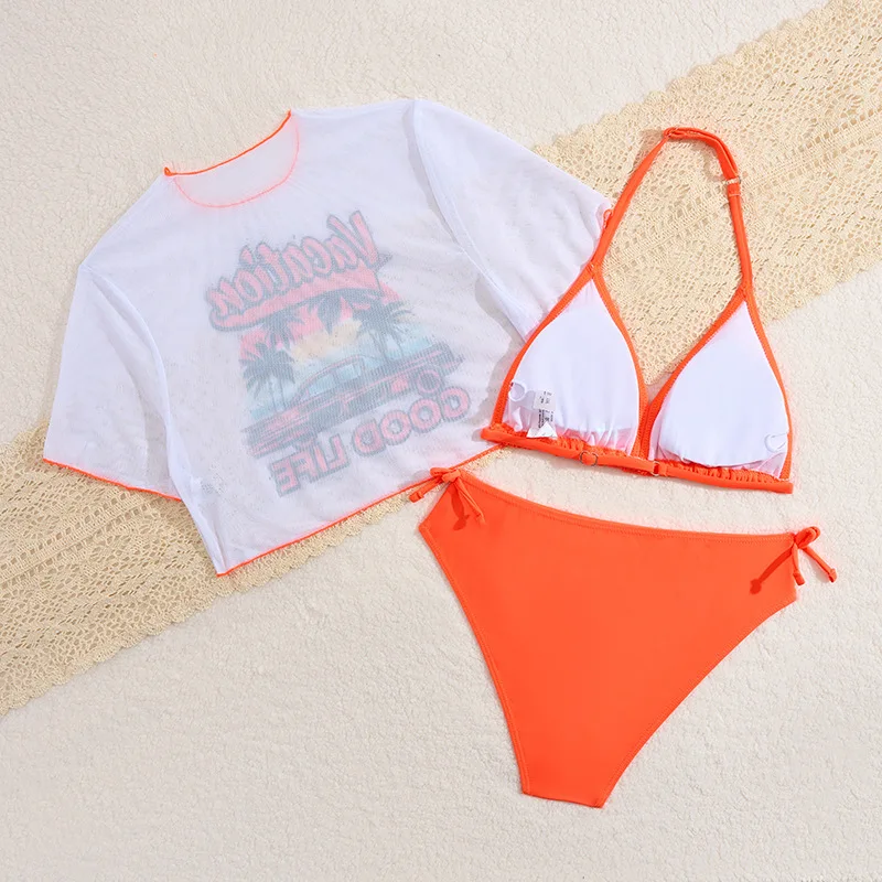 Costume da bagno per bambini bikini arancione a vita alta da 3 pezzi con top a maniche corte 13-16 anni Costume da bagno per bambini 2025 Costume da bagno per adolescenti
