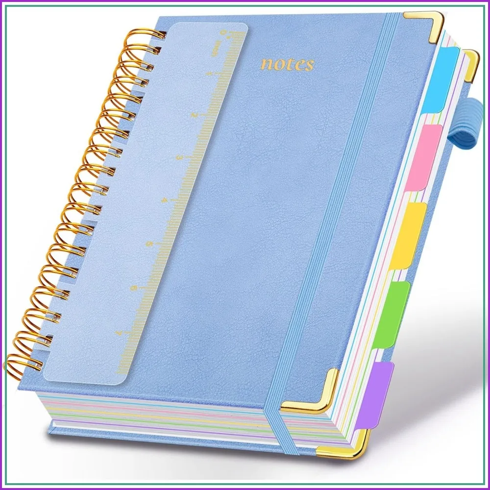 Faux Leather Spiral Notebook 6.2"x8.2" 300 Pages College Ruled with Dividers, Tabs, Pen Loop, Elastic Closure, for School Office Women Lake Blue