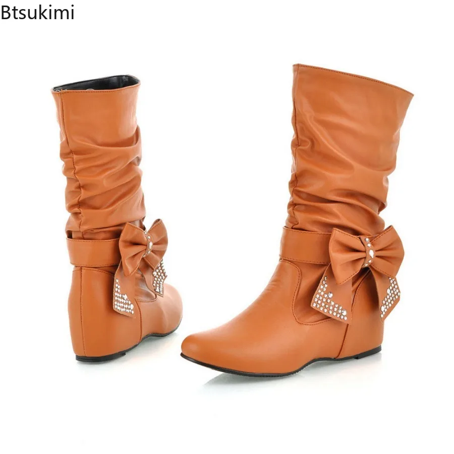 New Women's Butterfly-knot PU Fabric Boots Luxury Round Toe Wedge Shoes Rain Shoes Fashion Wedges Mid Calf Ladies Mid-Calf Boot view 4