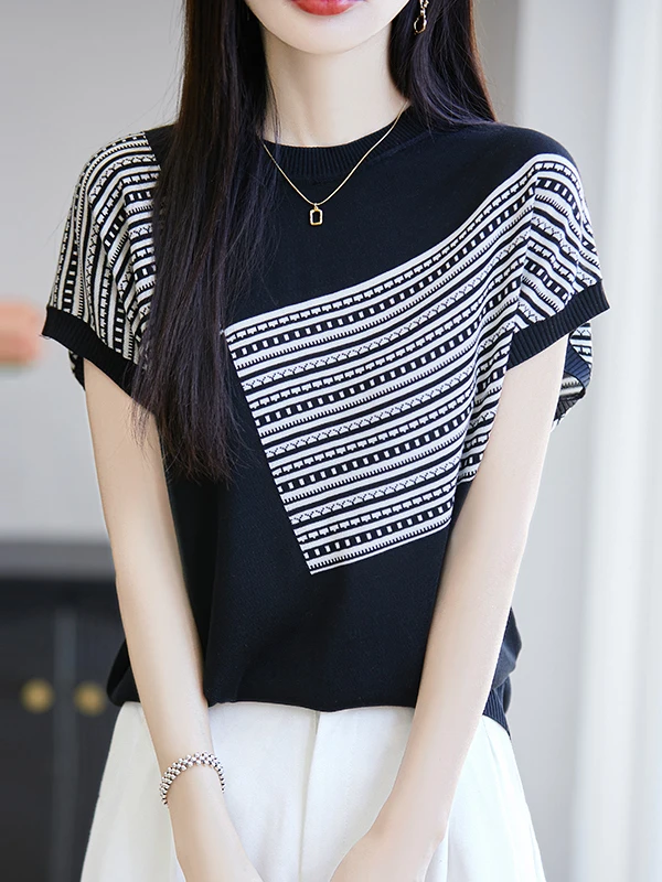 夏用ルーズフィットストライプTシャツ レディース ニット ラウンドネック ニットベースレイヤー スプライスカラー 通勤 スタイル