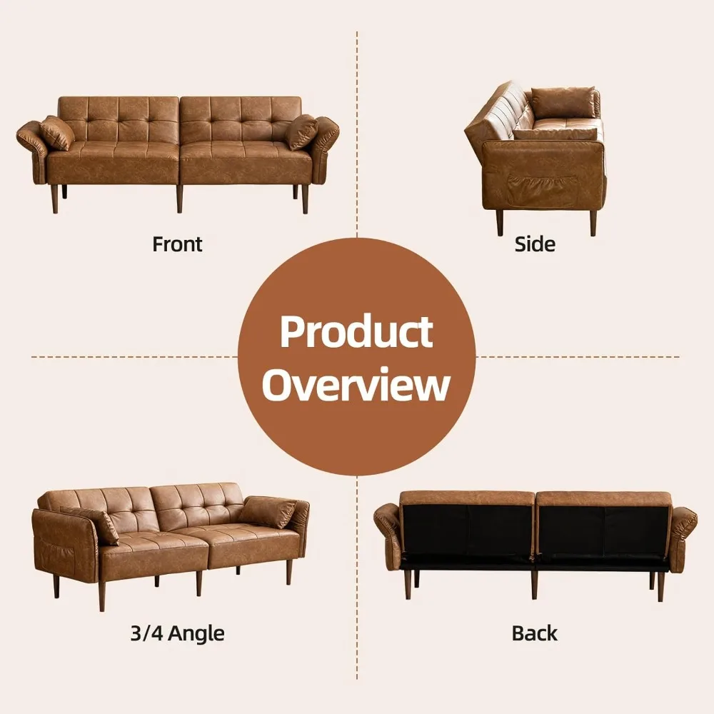 "85" Futon Sofa Bed - Storage & Adjustable Armrests, Faux Leather Mid-Century Sleeper for Small Spaces"