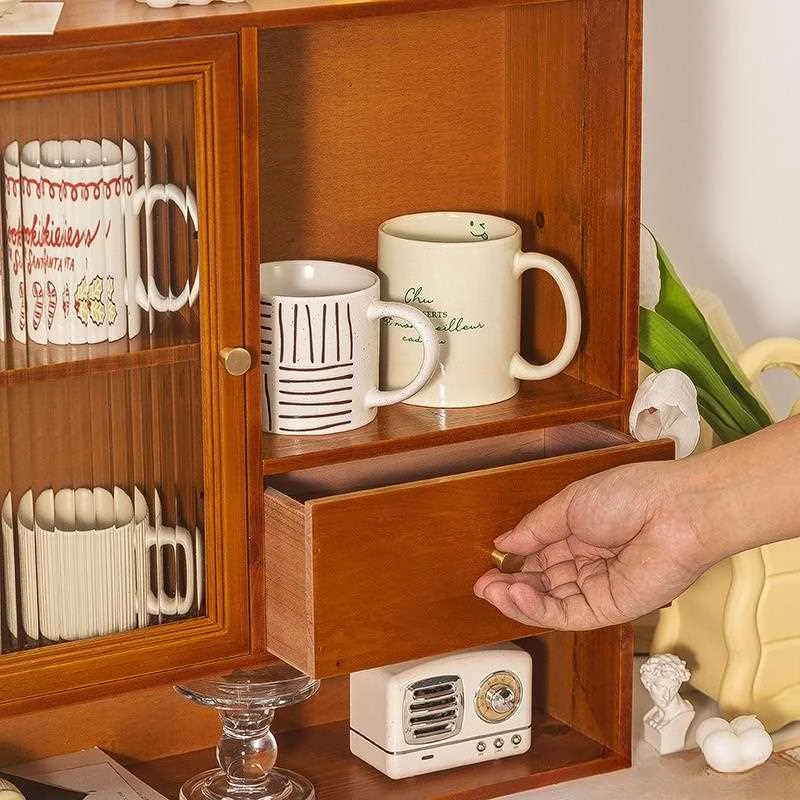 Cup Shelf Desktop Drawer Storage Box Office Sundries Organizing Cabinet Teacup Tea Set Solid Wood Display