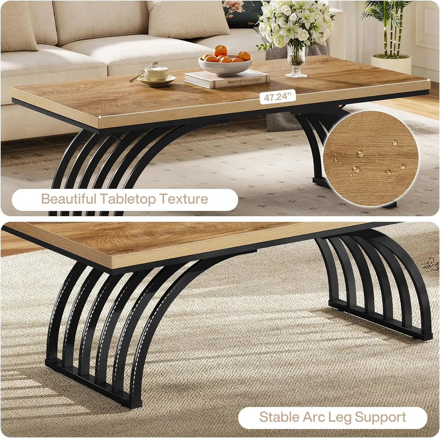 Wood Coffee Table, 47-Inch Rustic Rectangular Center Tea Table with Metal Frame Legs for Living Room, Sofa, Home, Easy Assembly,