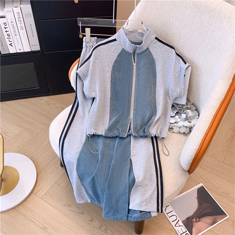 New Fashion Female Trousers Set Spring Autumn Fake Two Pieces Denim Coat Wide Skirt Two-Piece Women\'s Casual Sports Sets 4XL