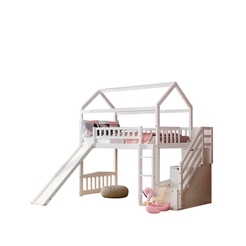 Indoor Little Tree House bed with ladder cabinet boy bed white half-height bed multifunctional 1.2m bed children's bed.