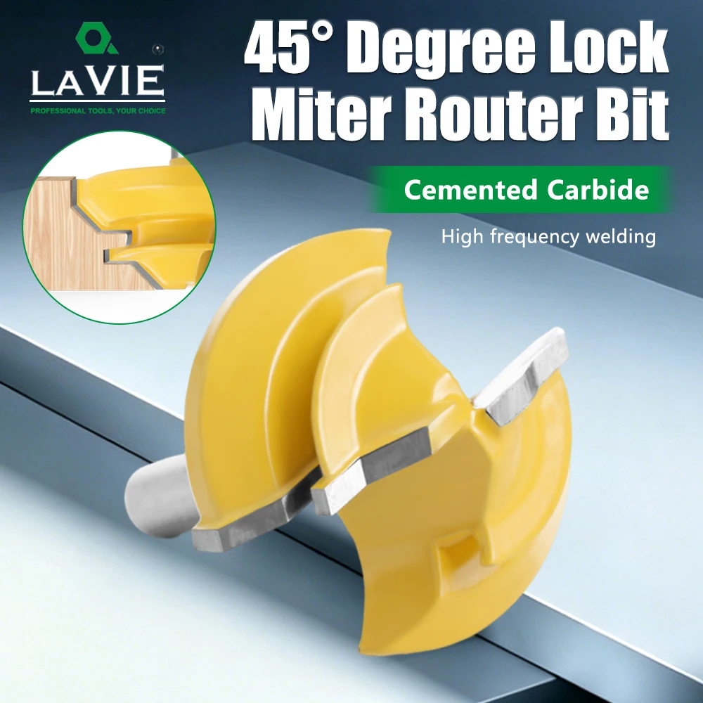 LAVIE 45 Degree Lock Miter Router Bit 1/4 1/2 6mm 8mm 12mm Shank Woodworking Joint Tenon Milling Cutter MC01005