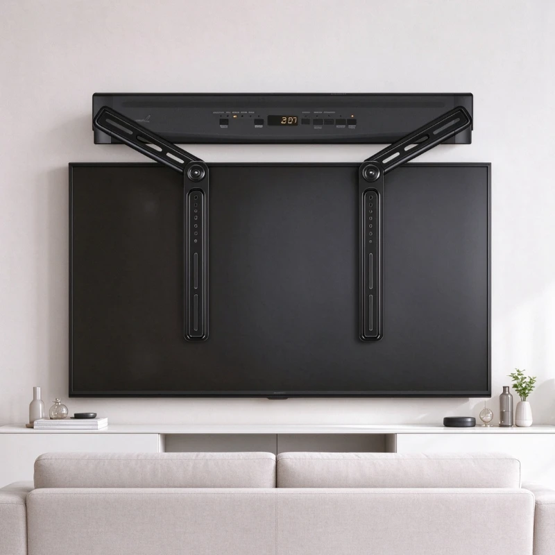 No Drill Soundbar Mount Bracket with Adjustable Angle, Extendable Support Plates, Movable Space Saving TV Audio Equipment Setup