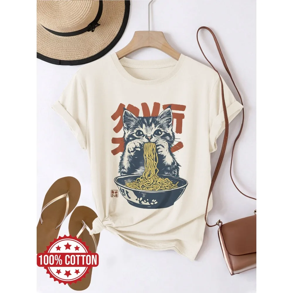 Women'S Casual T-Shirt Woodcut Style Cat Ramen Print Round Neck Short Sleeve  Classic Playful Design Top Fashion Statement Shirt