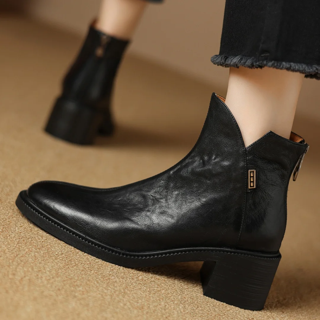 2024 Autumn new women\'s sheepskin back zip autumn ankle boots 5cm thick med heel casual female short booties shoes for woman hot