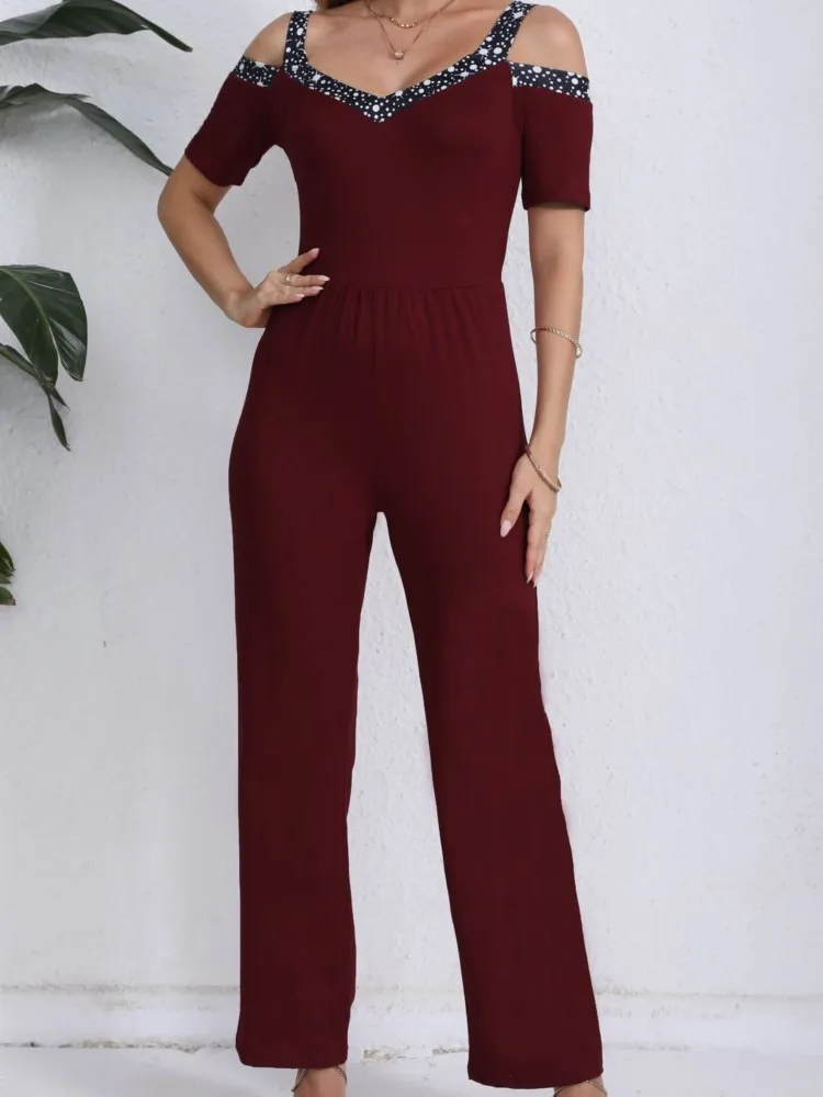 New 2024 Women's Elegant Jumpsuits With Sequins Sexy Solid High Waist Jumpsuit Women Wide-leg Short Sleeve Jumpsuit For Party