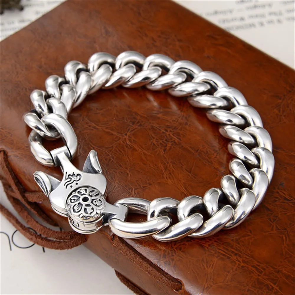 

Pure S925 Sterling Silver Chain Men Women 14mm Six Words Curb Link Bracelet