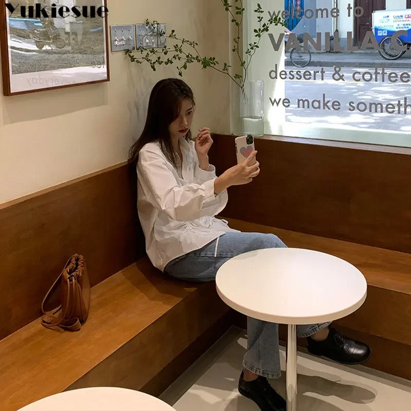 قميص نسائي كوري مطوي بأكمام طويلة موضة ربيع 2023 تصميم جديد برباط علوي بسيط متين للسيدات تصميم هاراجوكو أنيق