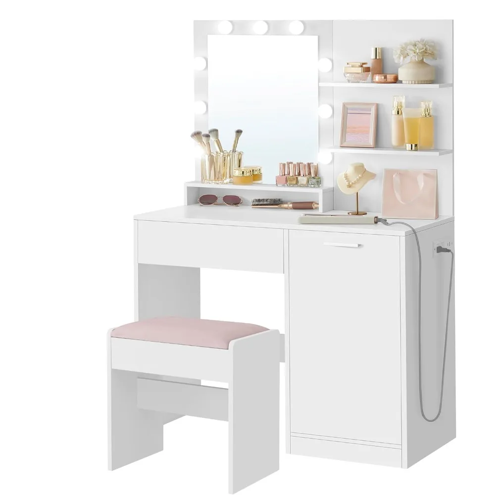 35.4-inch wide vanity table with padded dresser, power socket, dimmable LED light, storage drawer, bedroom, cloud white