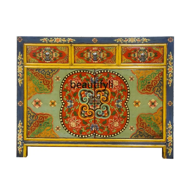 

Painted Entrance Cabinet Chinese Retro Solid Wood Entry Door Hall Cabinet Partition Curio Cabinet Hand-Painted Cabinet