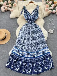 Summer Runway Vacation Long Dress Women Bow Spaghetti Strap V Neck Elastic Waist Blue and White Porcelain Print Maxi Dresses