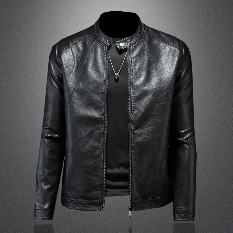 2024 Autumn and Winter New Fashion Handsome with Solid Color Men Stand Collar Motorcycle Leather Coat Slim Fashion   M-5XL