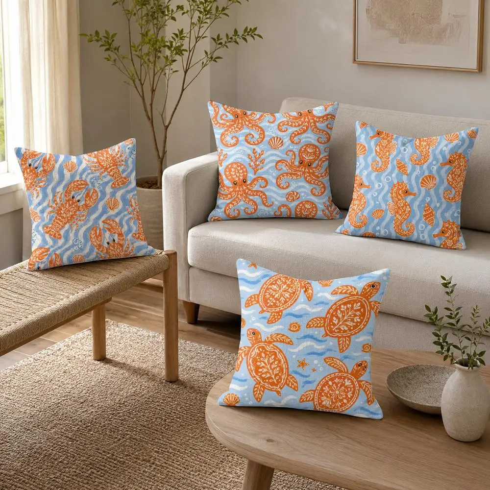 Marine life print Cushion Cover Organic Linen Throw Pillow Cover - Double-Sided Print Breathable Cushion Case Home Decor