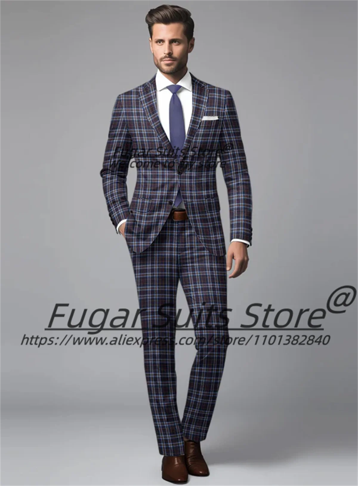 

High-qublity Plaid Formal Prom Men Suits Customized Slim Notched Lapel Groom Tuxedos 2 Pcs Sets Male Blazers Elegant Ropa Hombre