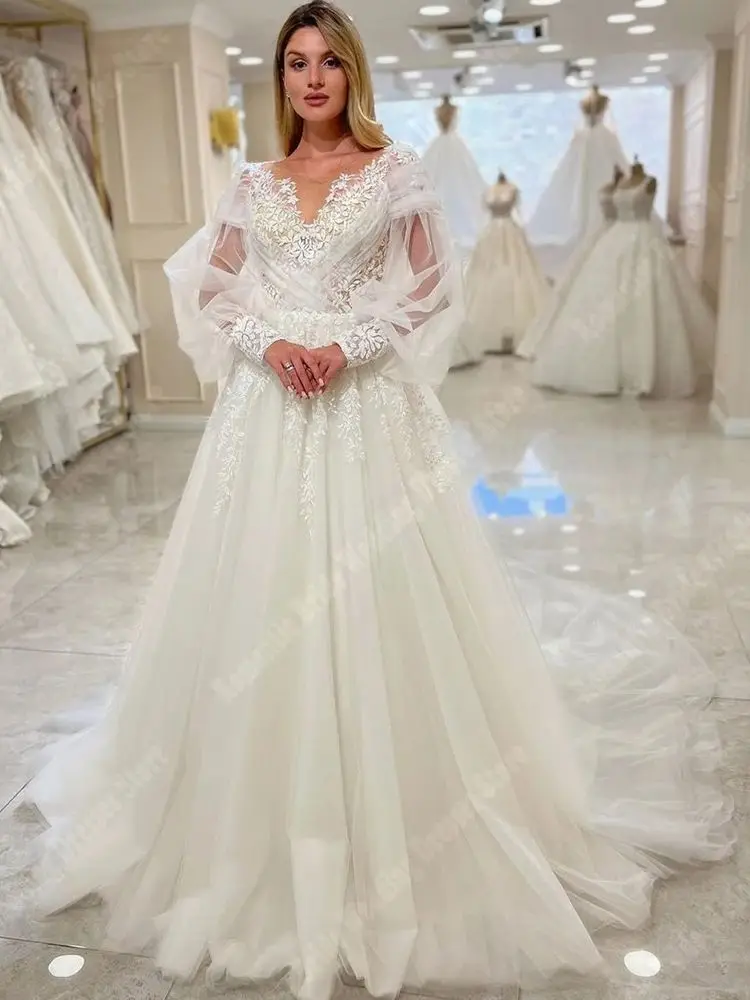 Elegantes vestidos de casamento em V profundo com tule glitter para mulheres, vestidos de noiva, flor de linha, alças, vestido de princesa, 2022