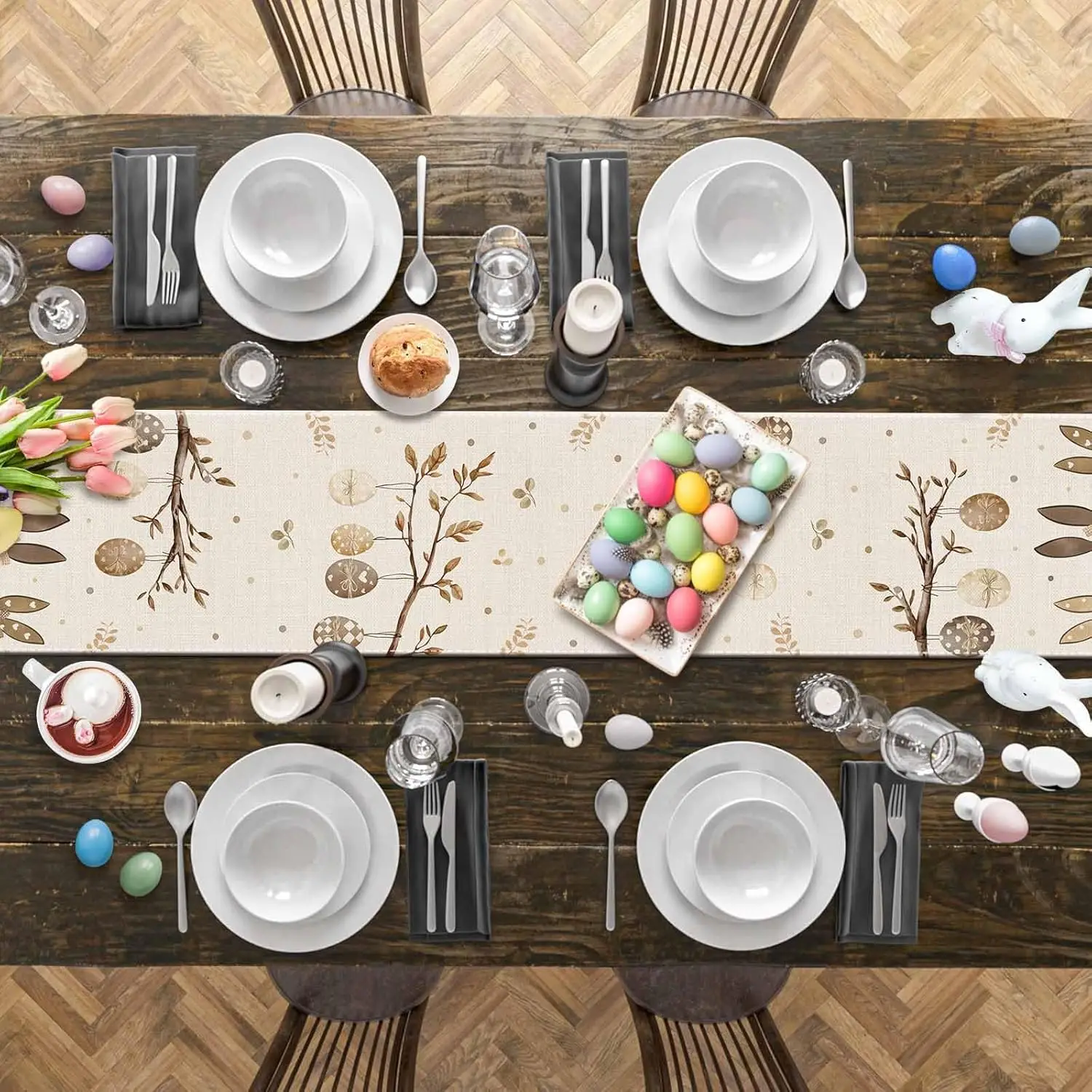 Spring Easter Bunny Eggs Linen Table Runner Holiday Party Decor Washable Farmhouse Kitchen Dining Table Runner Easter Decoration