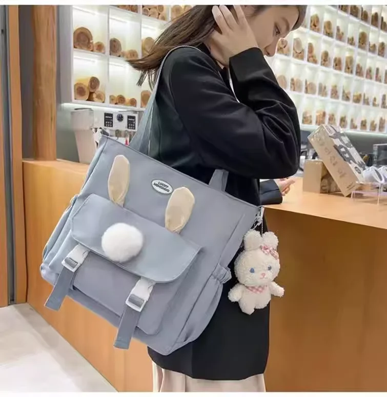 Cute Rabbit Shoulder Bags Teenage Girls Largr Capacityb Canvas Crossbody Bags All Match Solid Kawaii Long Ears Bunny Bags