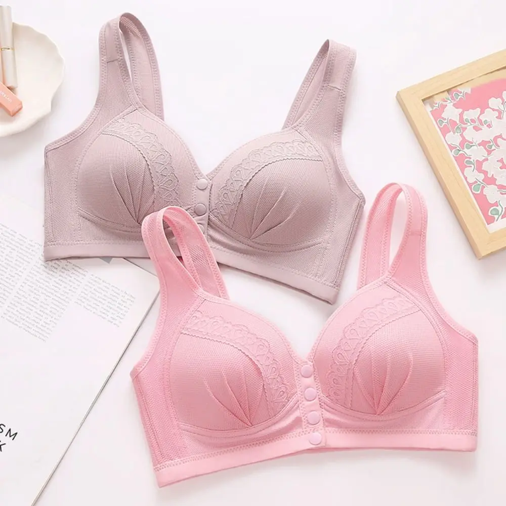 Modne siatkowe biustonosze koronkowe z guzikami z przodu ultracienki bezprzewodowy biustonosz bezszwowy z wkładką Bralette Intimates damski biustonosz Push Up lato