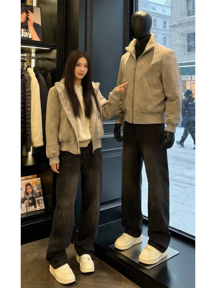 

American Sle Tie Dye Flight Jaet Cotton Coat Men Women Autumn Winter Thi Warm PU Leather Baseball irt Outerwear