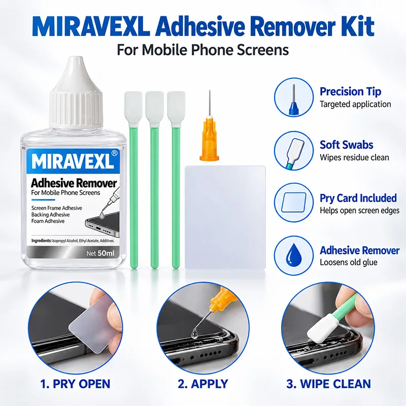 LCD Screen Glue Remover Set With Needle Swabs Safe Cleaner For Mobile Phone Frame Back Thermal Foam Adhesive Removal + Pry Card